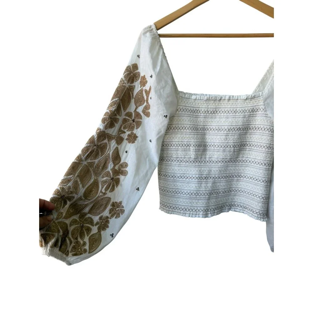 Embroidered Square-Neck White Top with Tan Floral Sleeves